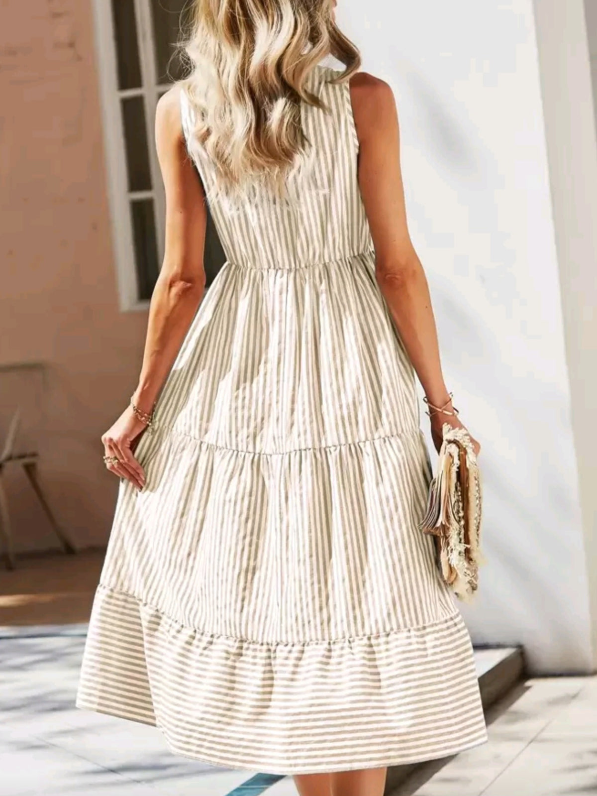1491 Striped Print Notched Neck A-line Dress