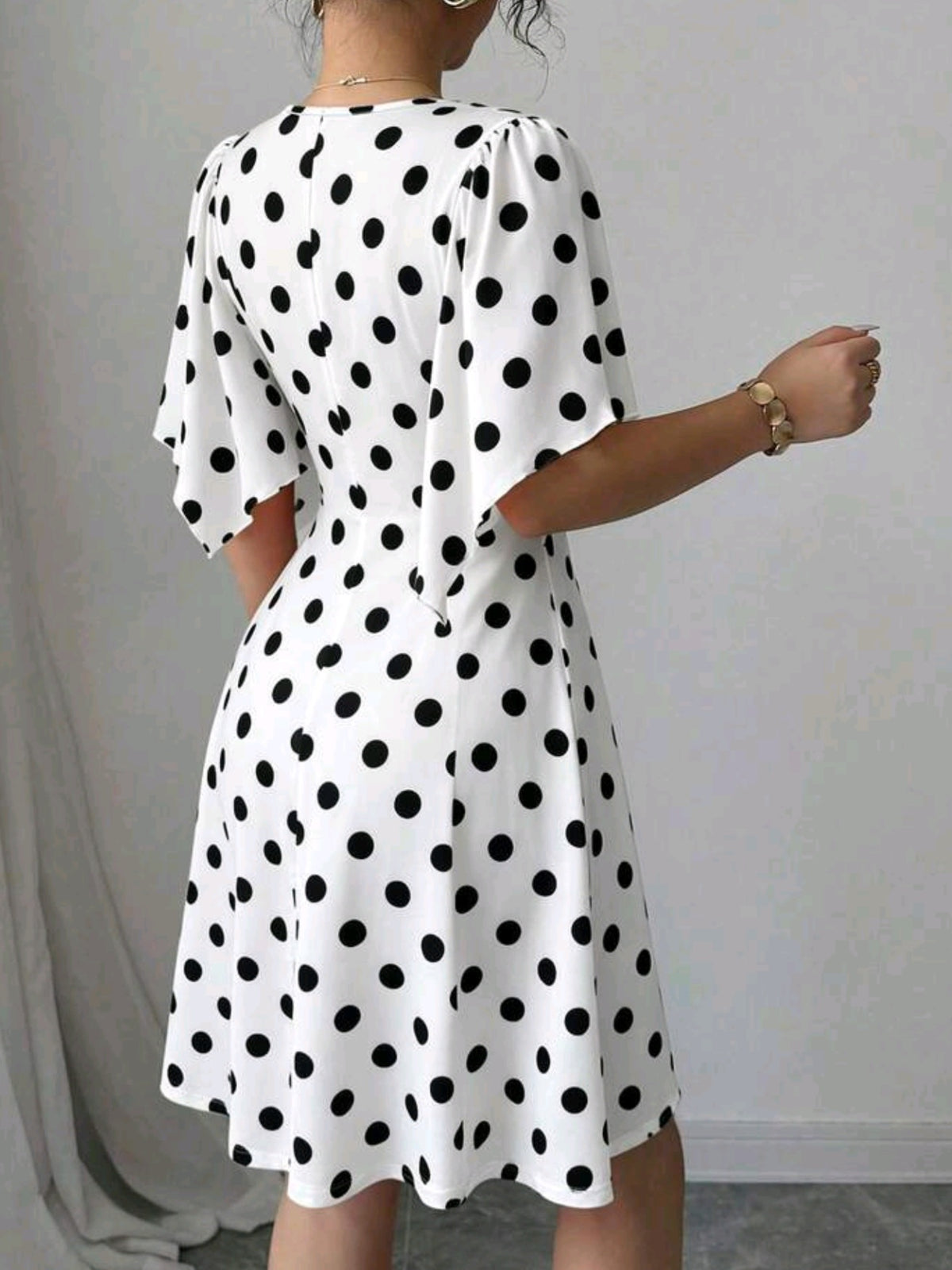 8321 V-Neck Ruched Bust Ruffle Sleeve Cinched Waist Dress