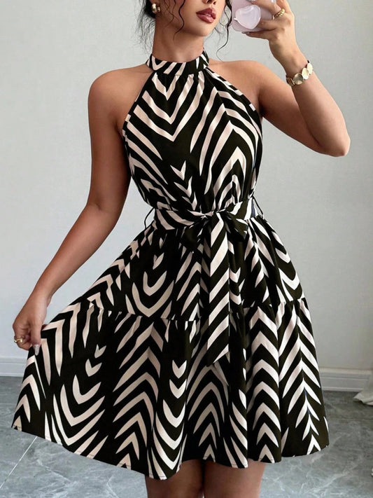 3623 Striped Sleeveless Waist Cinched Mini Dress