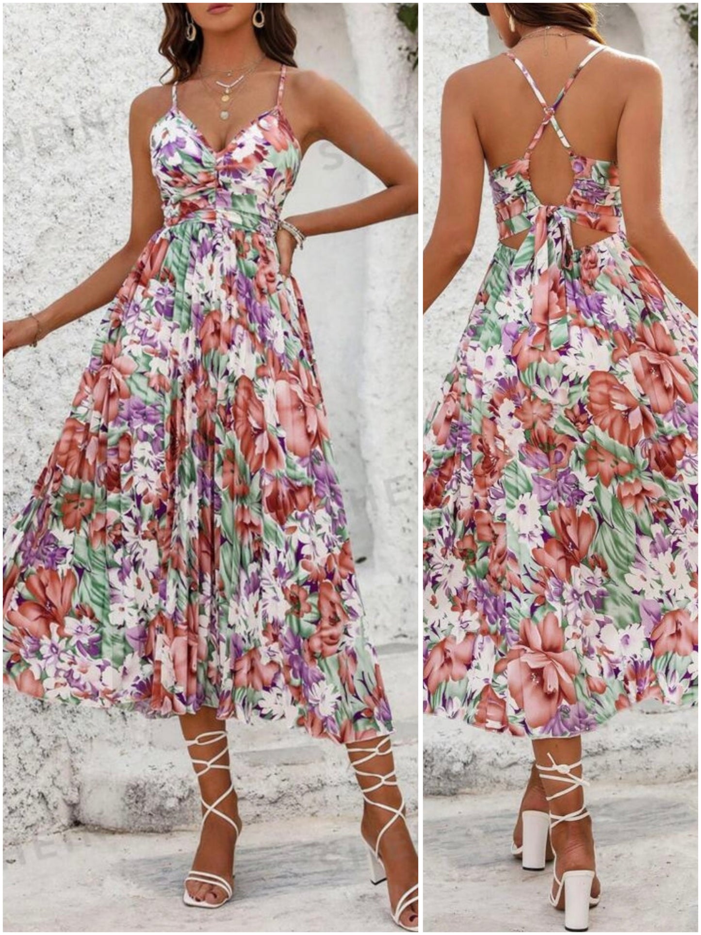 #0400 Floral Print Pleated Hem Spaghetti Strap Dress