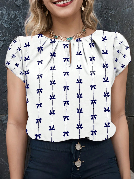 3338 All-Over Print Round Neck Blouse