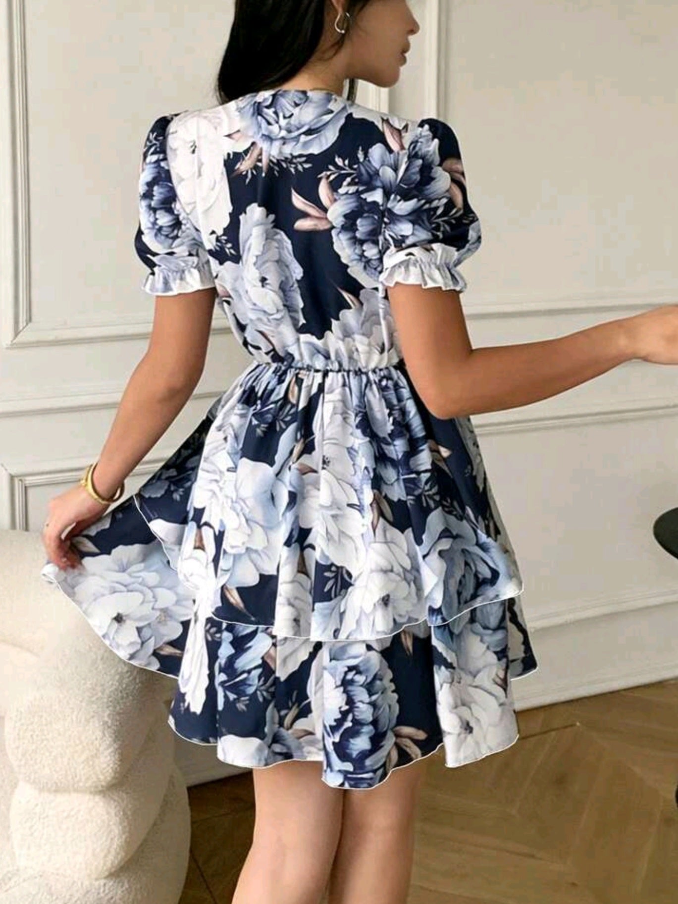 8412 V-Neck Lantern Sleeve Ruffle Hem Mini Dress