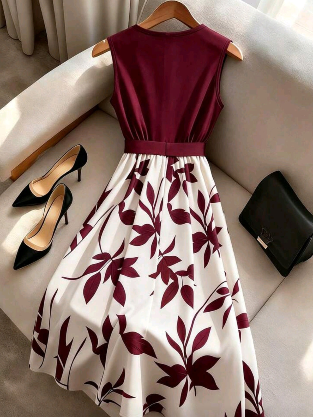 7663 Metal Buckle Asymmetric Collar Sleeveless A-Line Mid-Length Dress