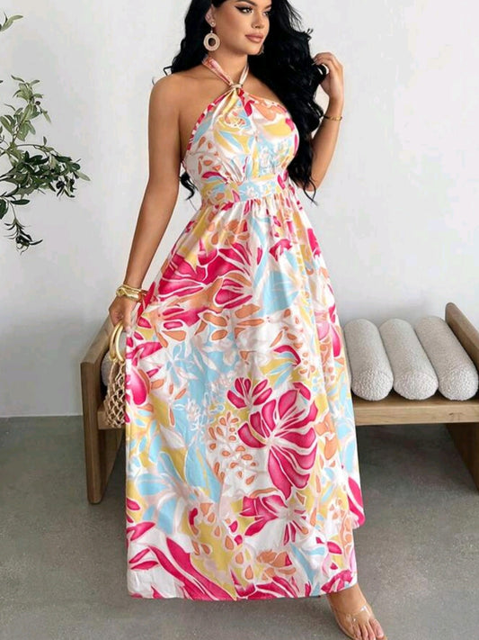 7058 Tropical Plant Halter Neck Dress
