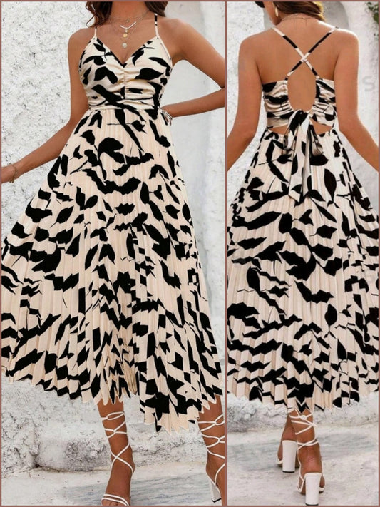 #4814 Plant Printed Halter Neck Long Dress