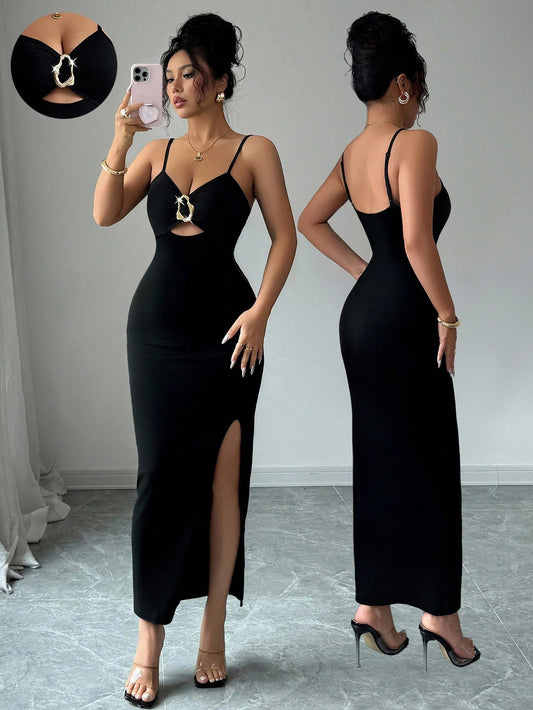 2494 Spaghetti Strap Slit Slim Long Dress