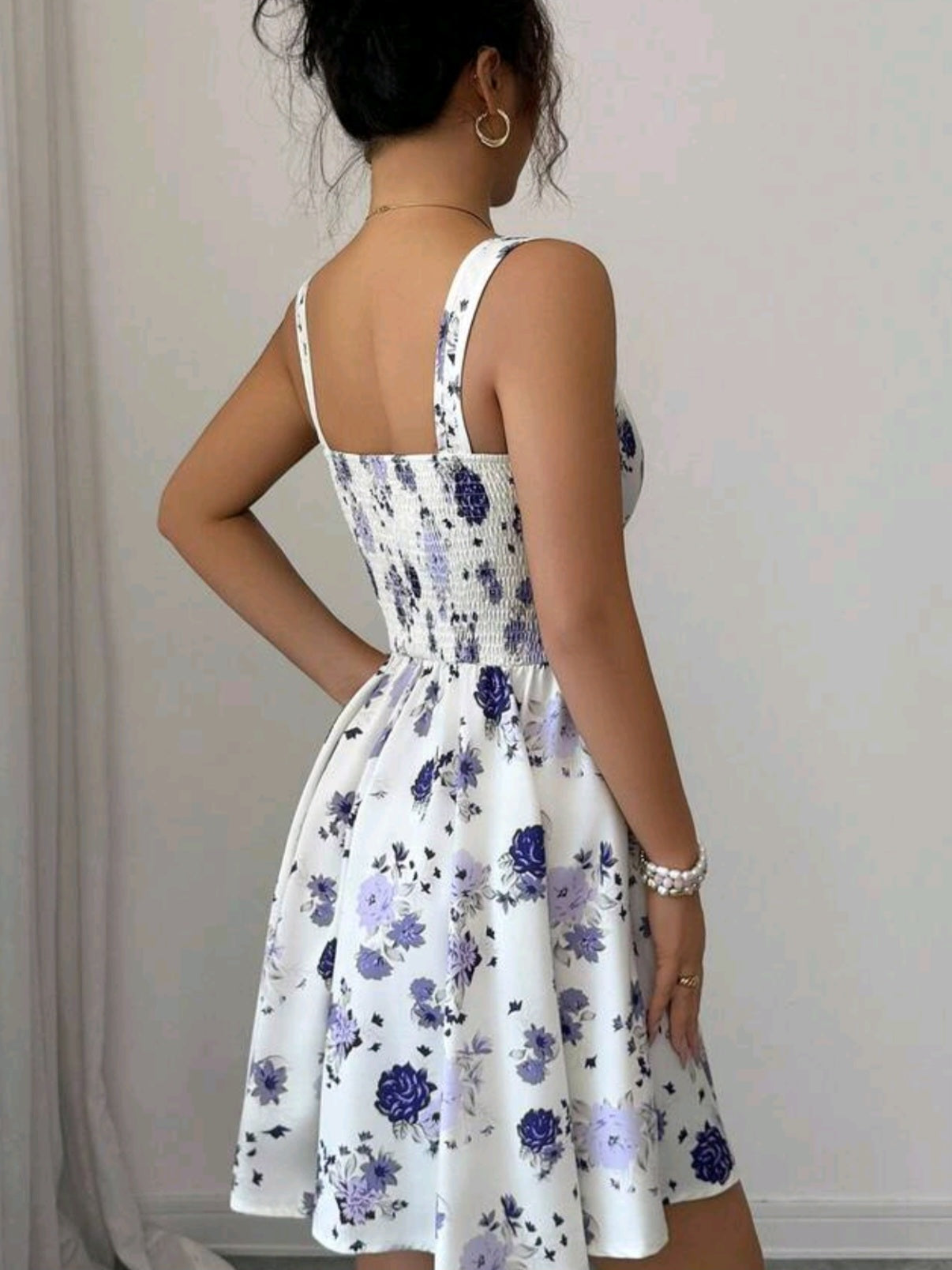#1334 Square Neck Waist Gathered A-Line Floral Print Dress