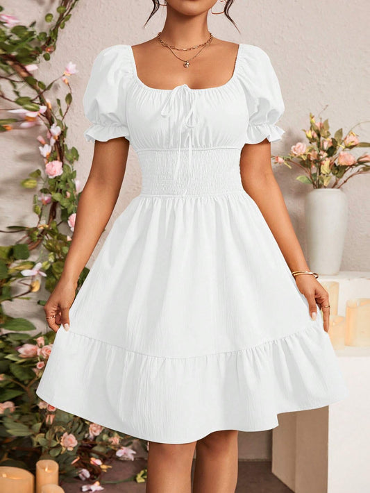 6505 Puff Sleeve Fitted Waist Dress