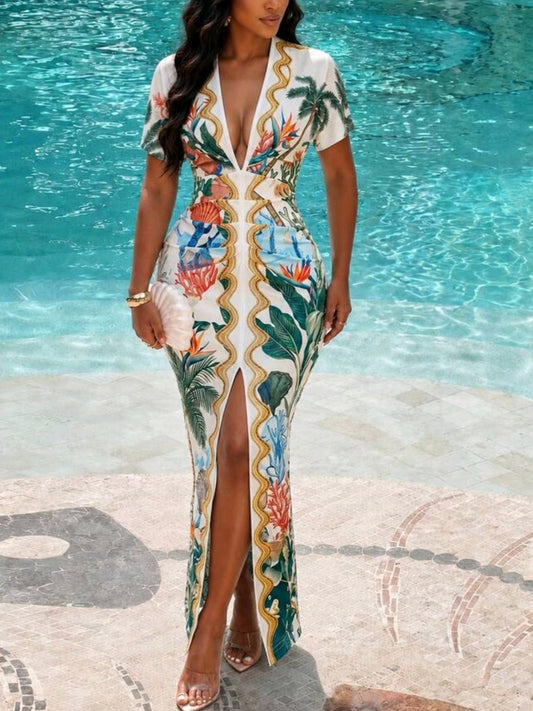 6167 V Neck Tropical Print Maxi Dress
