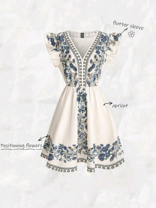 V-Neck Ruffle Hem Short Sleeve A-Line Dress (without belt)