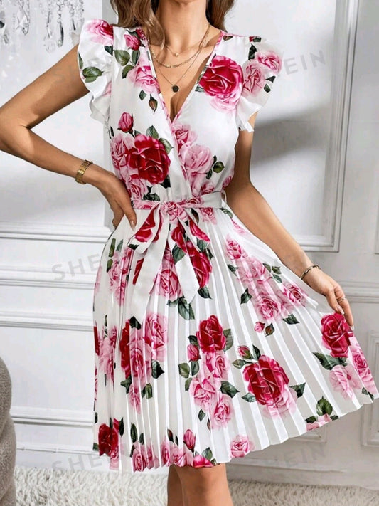Floral Print Ruffle Trim Pleated Hem Belted Dress