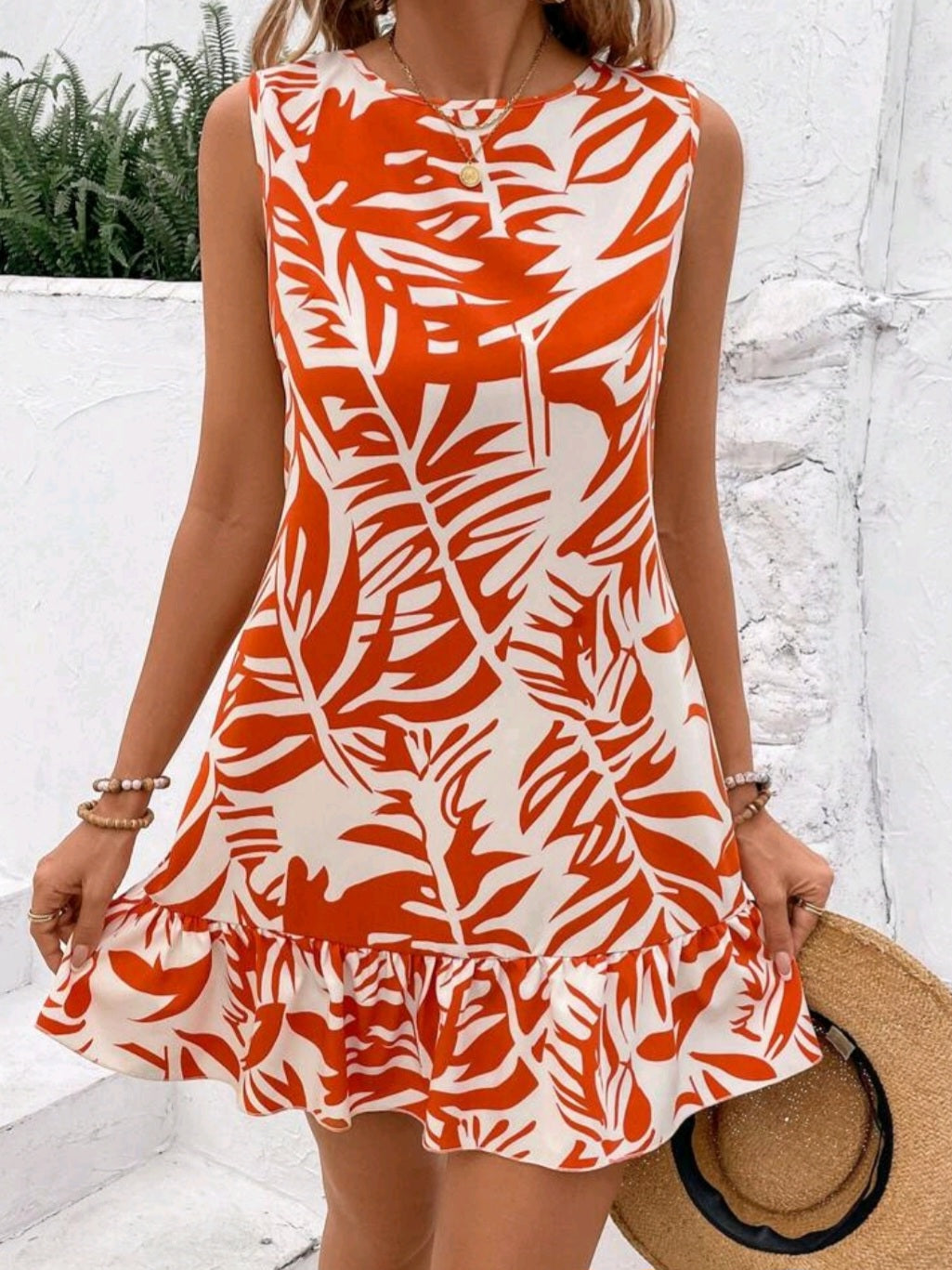 #8484 Tropical Plant Print Backless Knot Sleeveless Dress