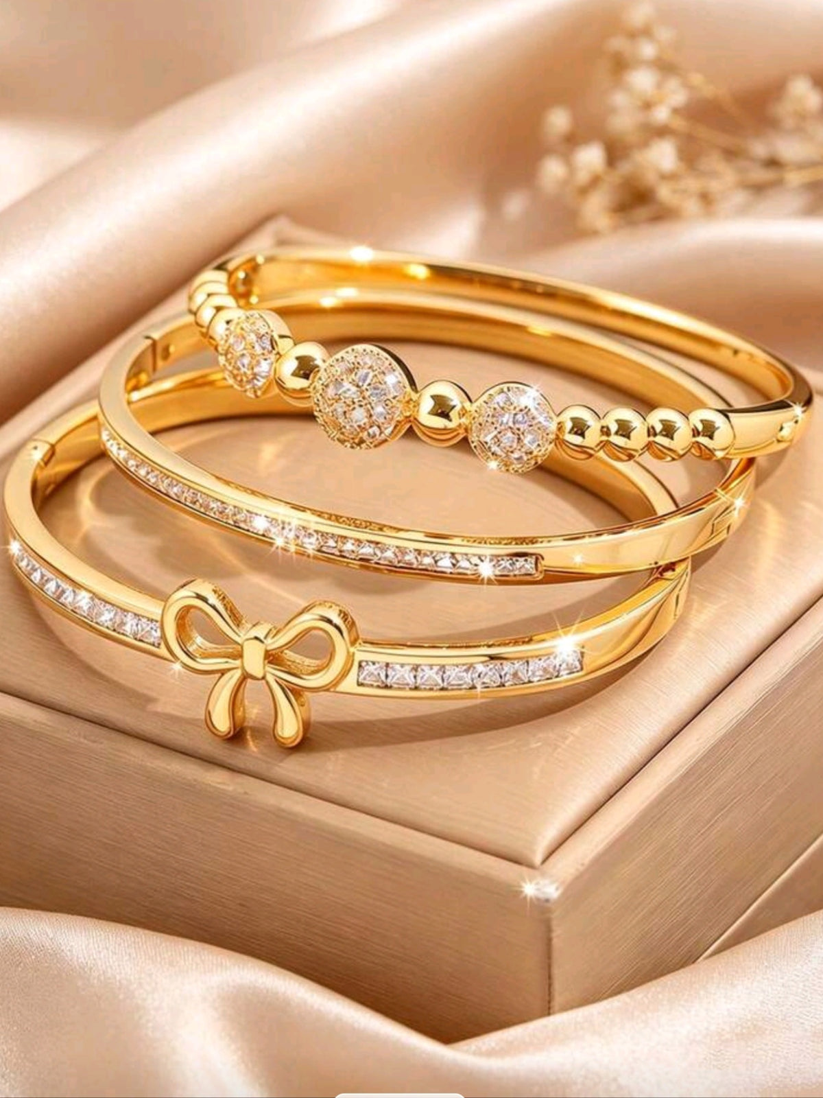 9062 3 piece Stainless Steel & Copper Plated 18K Gold Lucky Bead Bracelet
