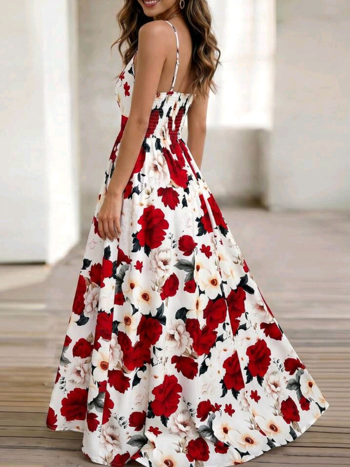 3517 V-Neck Floral Print Waist Cinched Long Dress