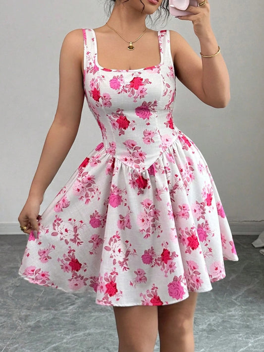 #5751 Square Neck Cinched Waist Floral Print Elegant Dress