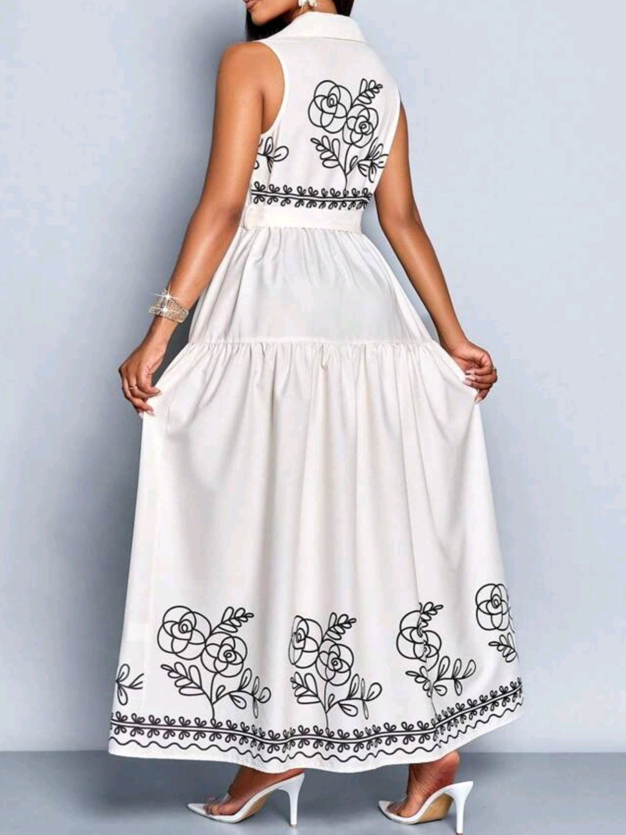 #0106 Sleeveless Collar Belted Dress With Floral Pattern