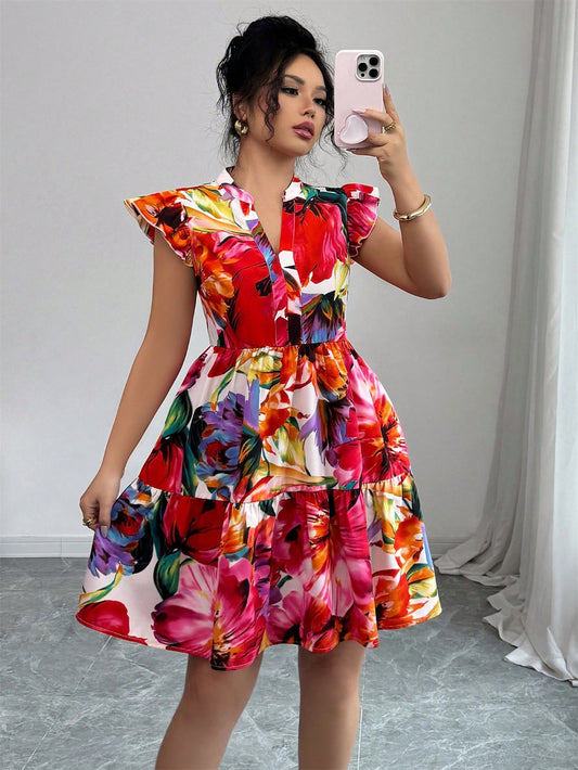 #3051 Floral All Over Print Cap Sleeve Dress