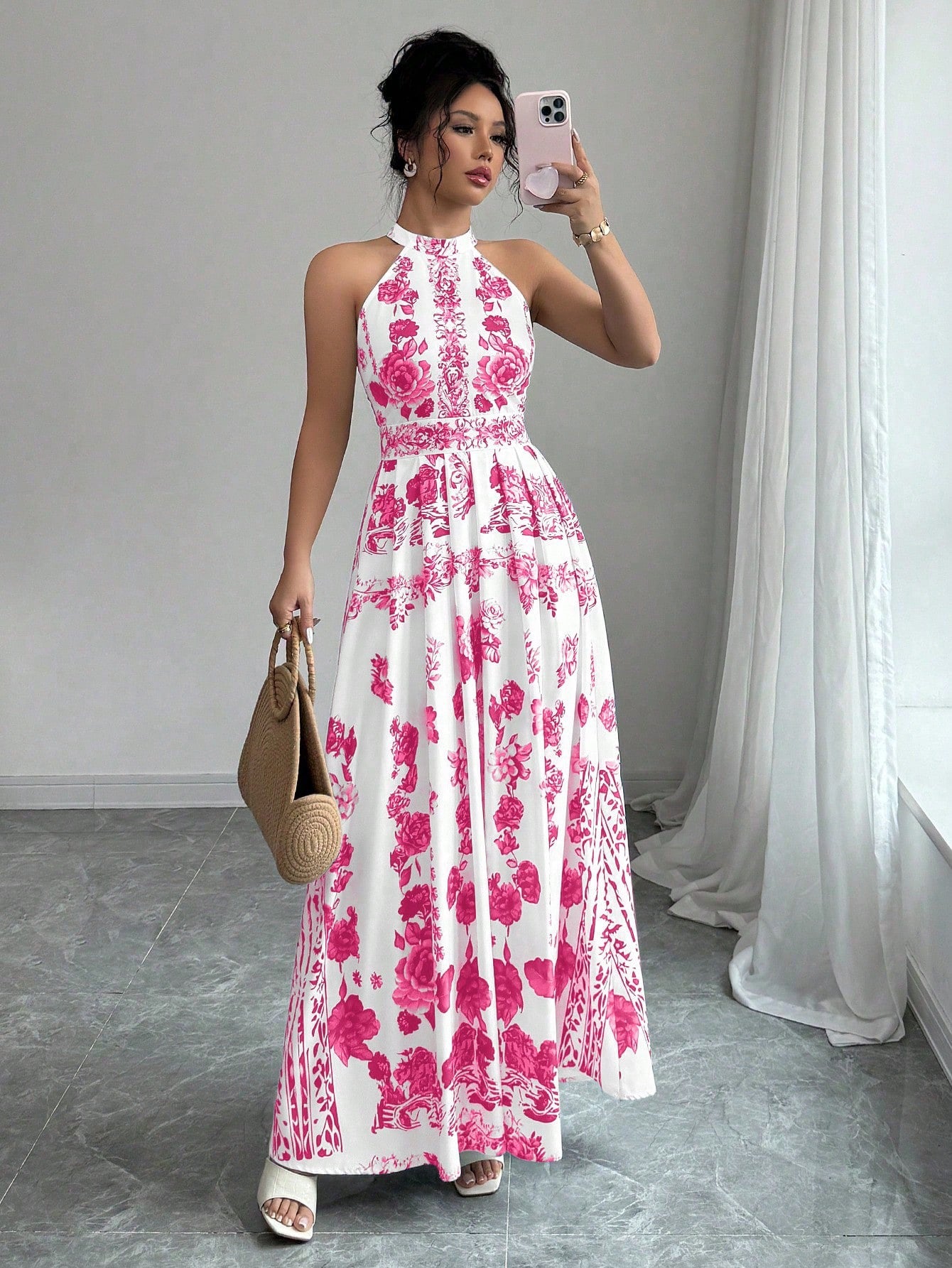#4990 Floral Print Elegant Halter Neck Dress