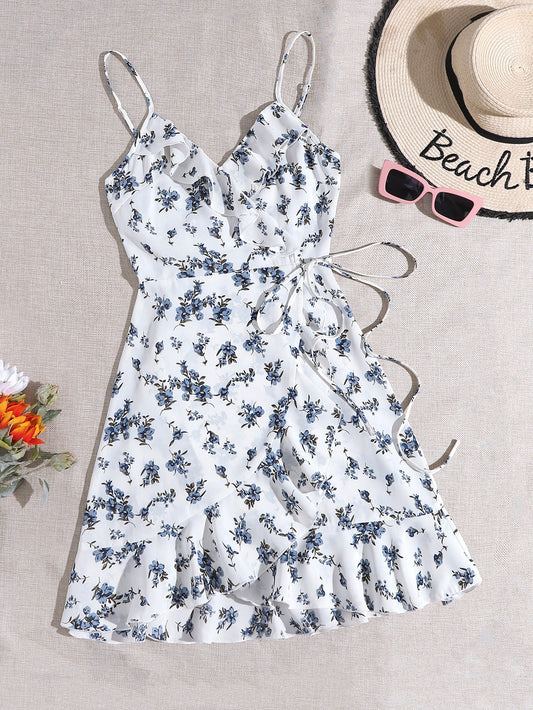 #7686  Allover Floral Print Ruffle Wrap Belted Dress