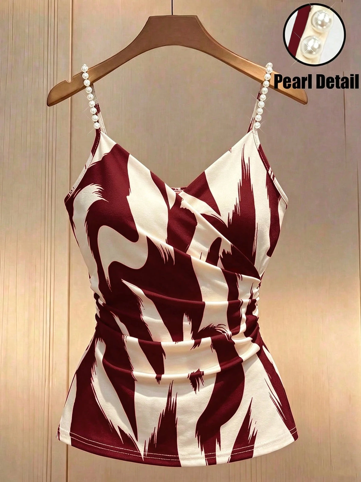 5704 Apricot Printed Design Pearl Beaded Waist-Cinched Ruched  Top