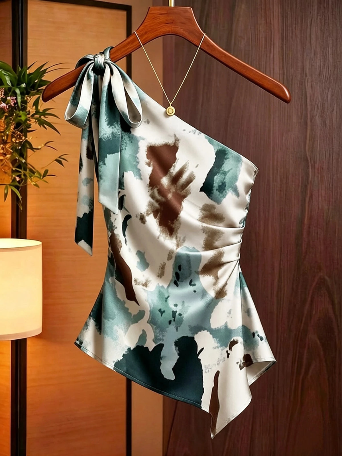 0304 Satin Asymmetric Shoulder Bow Decor Blouse