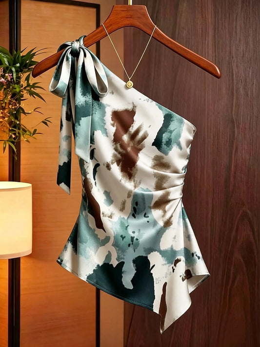 0304 Satin Asymmetric Shoulder Bow Decor Blouse
