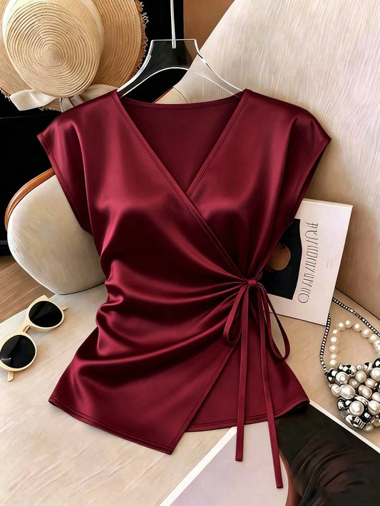 7391 Wrap Tie Side Satin V-Neck Top