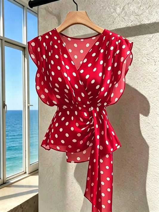 1511 Polka Dot V-Neck Premium Mesh Sleeveless Blouse
