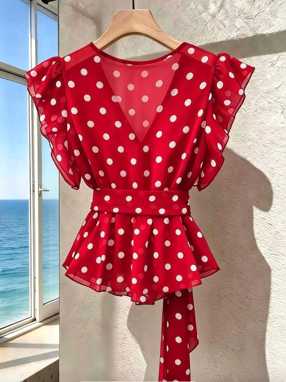 1511 Polka Dot V-Neck Premium Mesh Sleeveless Blouse