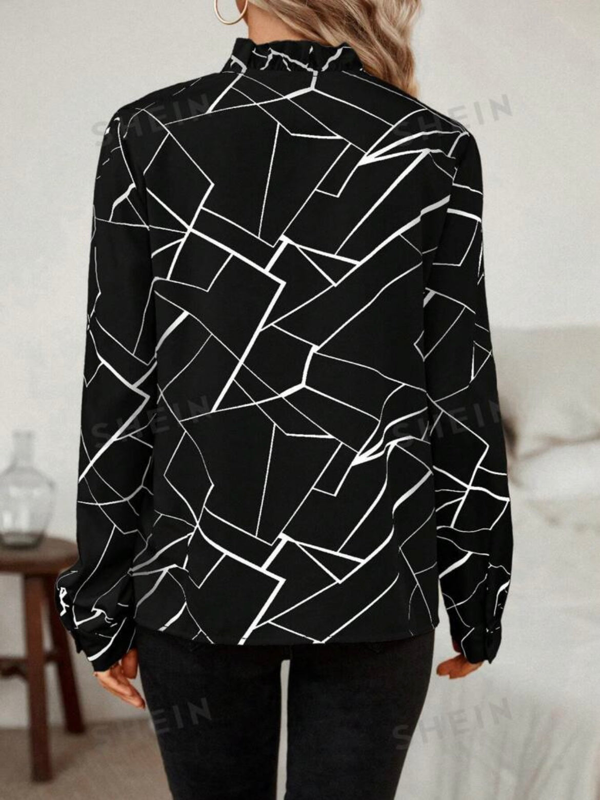 Geometric Printed Shirt With Frill Trimmed Notched Collar