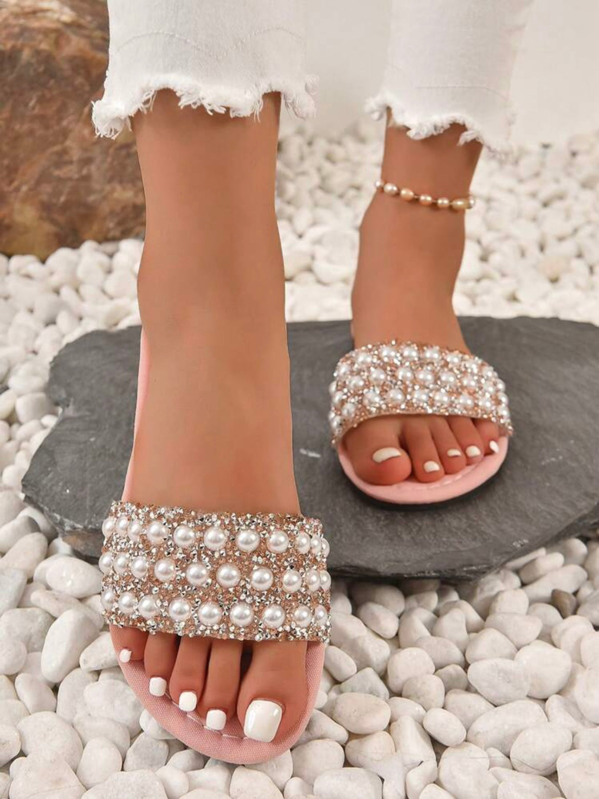Rhinestone & Faux Pearl Decor Slide Sandals