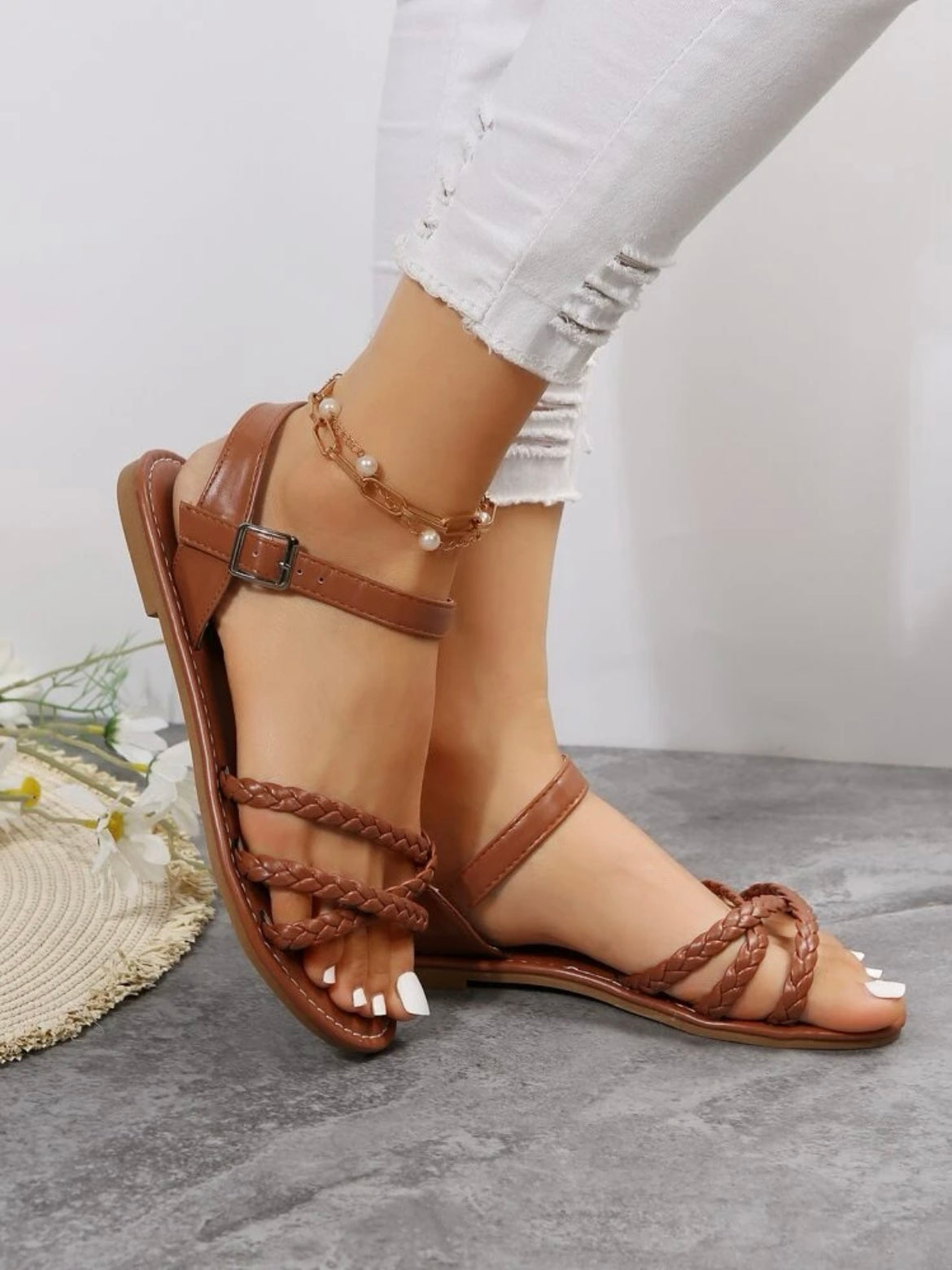 Braided Detail Ankle Strap Sandals