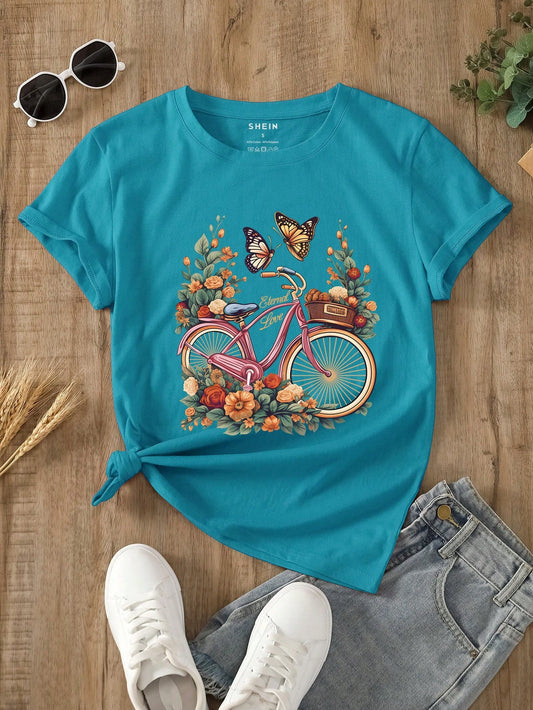 #9258 Bicycle And Butterfly Print Tee