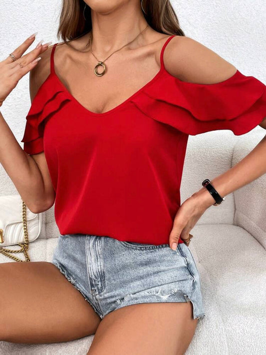 #2950 Ruffle Trim Cold Shoulder Blouse