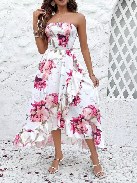 Floral Printed Wrap Dress With Lace Hemline