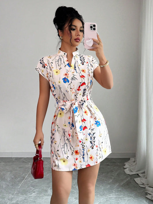 #6565 All-Over Print Notched Neck Short Sleeve Dress