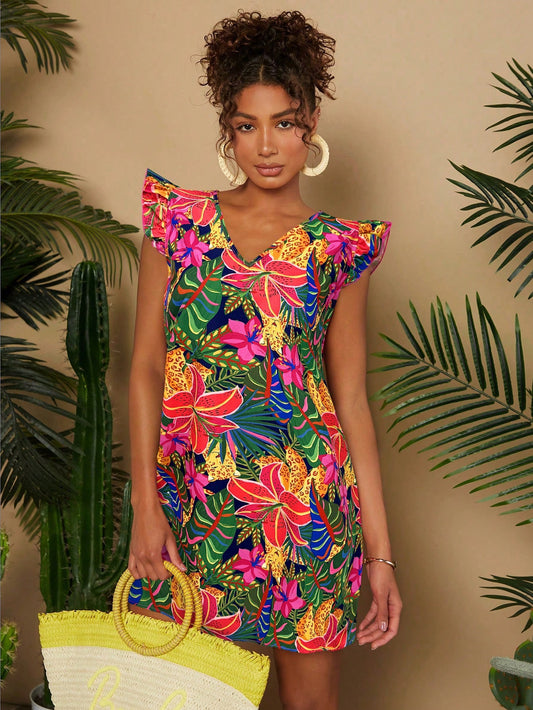 #1217 Woven Tropical Print V-Neck Dress