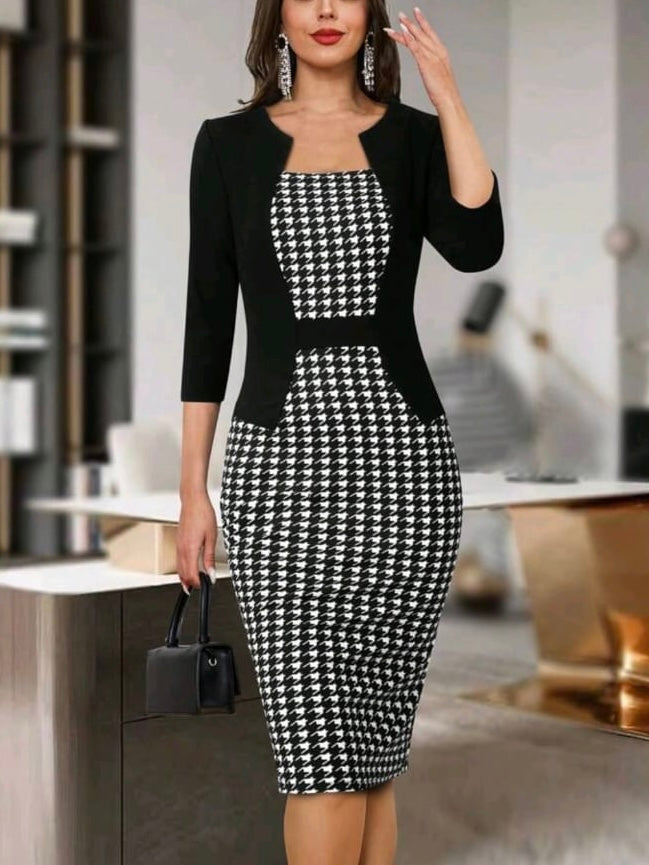 Houndstooth Print Split Back 2 In 1 Bodycon Dress