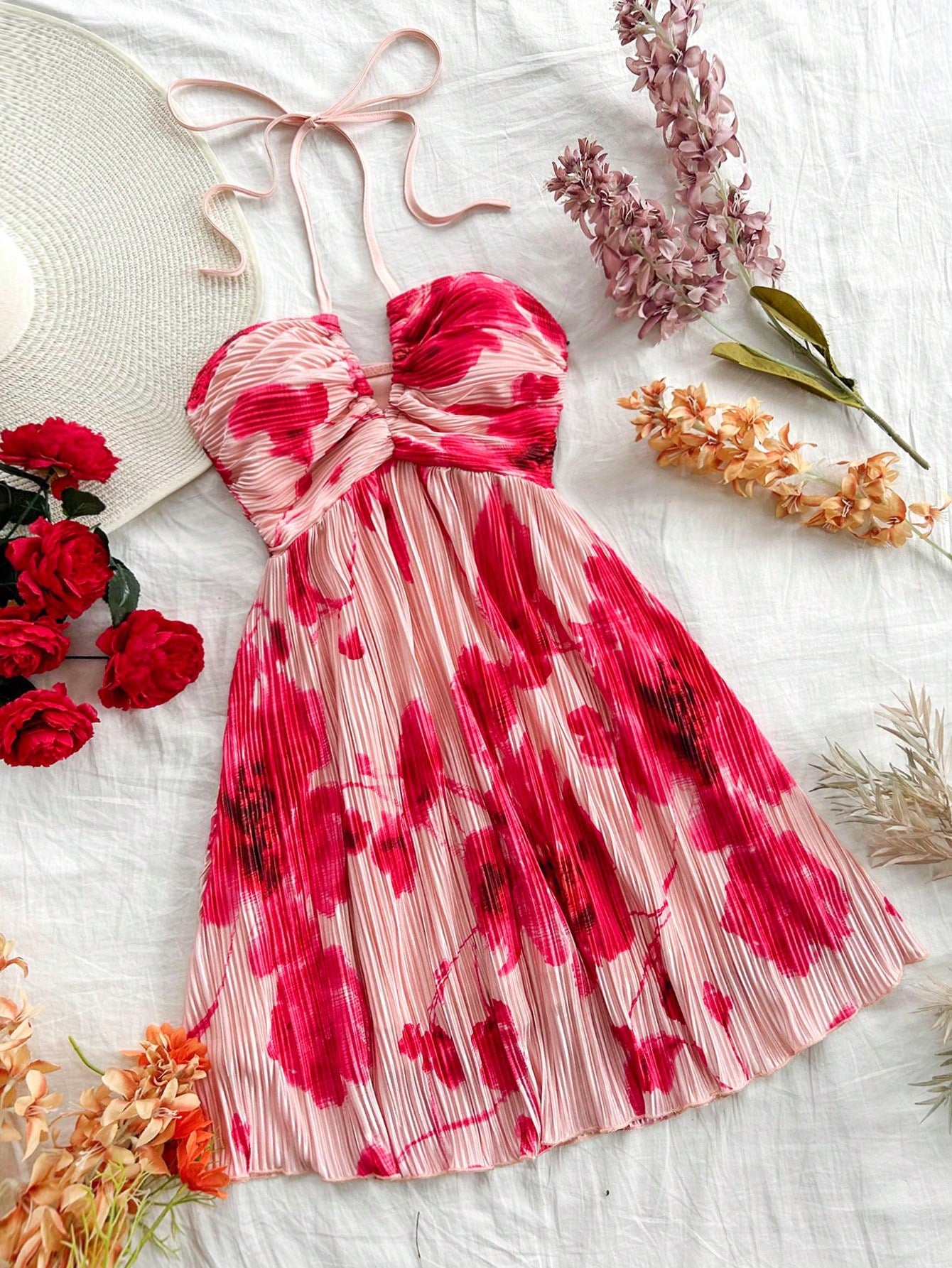 #9149 Tie Dye Floral Print Swing Tie-Neck Bowknot Tie Dress