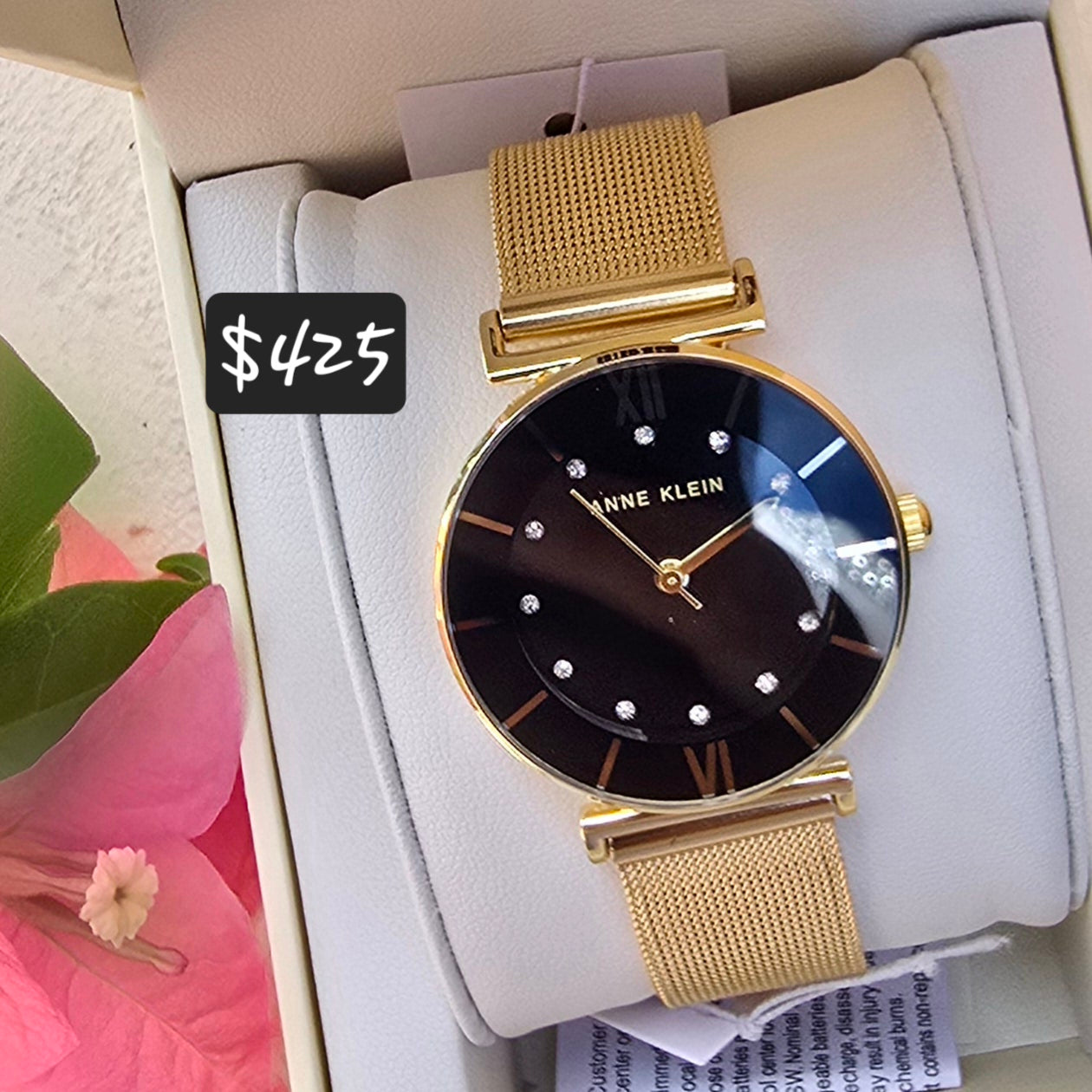 AK / 3780BKGB Anne Klein Glitter Accented Mesh Bracelet Watch - Gold Tone