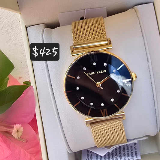 AK / 3780BKGB Anne Klein Glitter Accented Mesh Bracelet Watch - Gold Tone