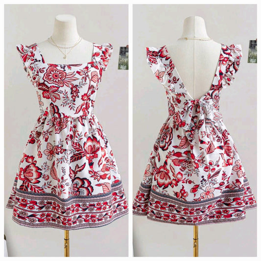 #5957 Cap Sleeve Backless Tie Strap Placement Floral Printed Dress