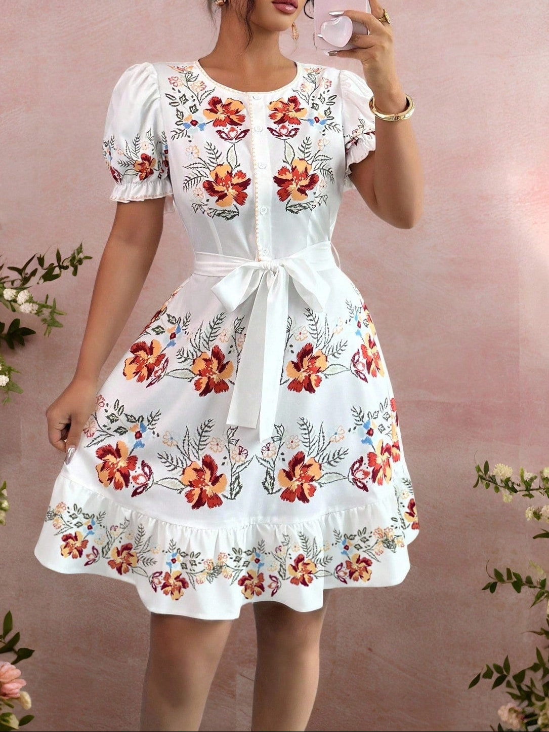 0827 Floral Belted Dress