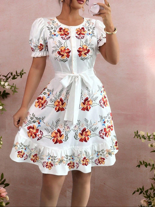 0827 Floral Belted Dress