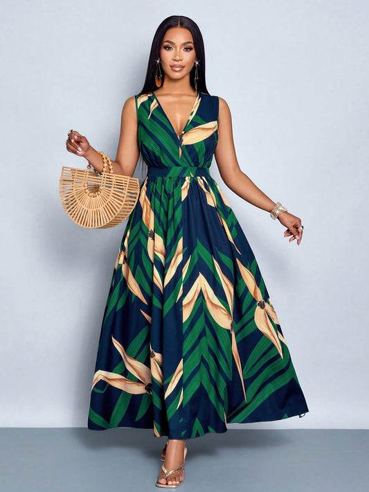 #8181 Sleeveless Elastic Waist Long Dress