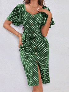 Polka Dot Print Butterfly Sleeve Belted Dress