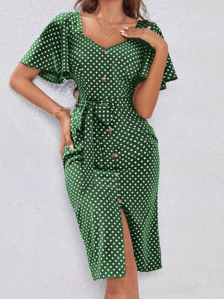 Polka Dot Print Butterfly Sleeve Belted Dress