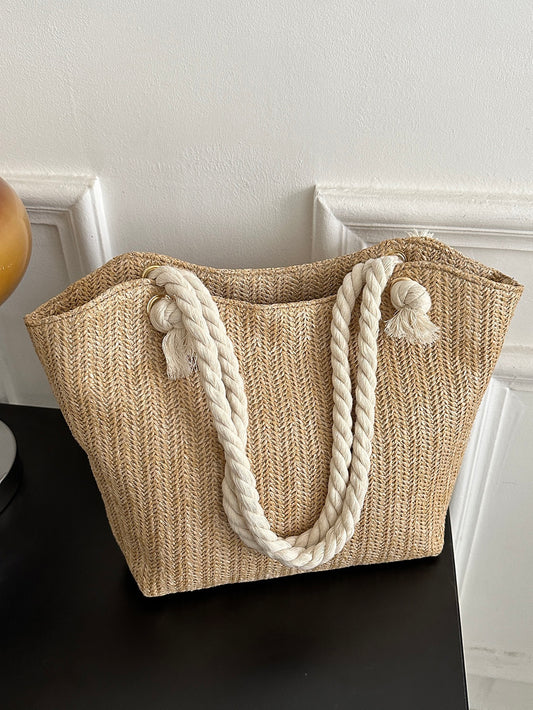 #3337 Straw Woven Large Tote Bag With  Rope Shoulder Strap