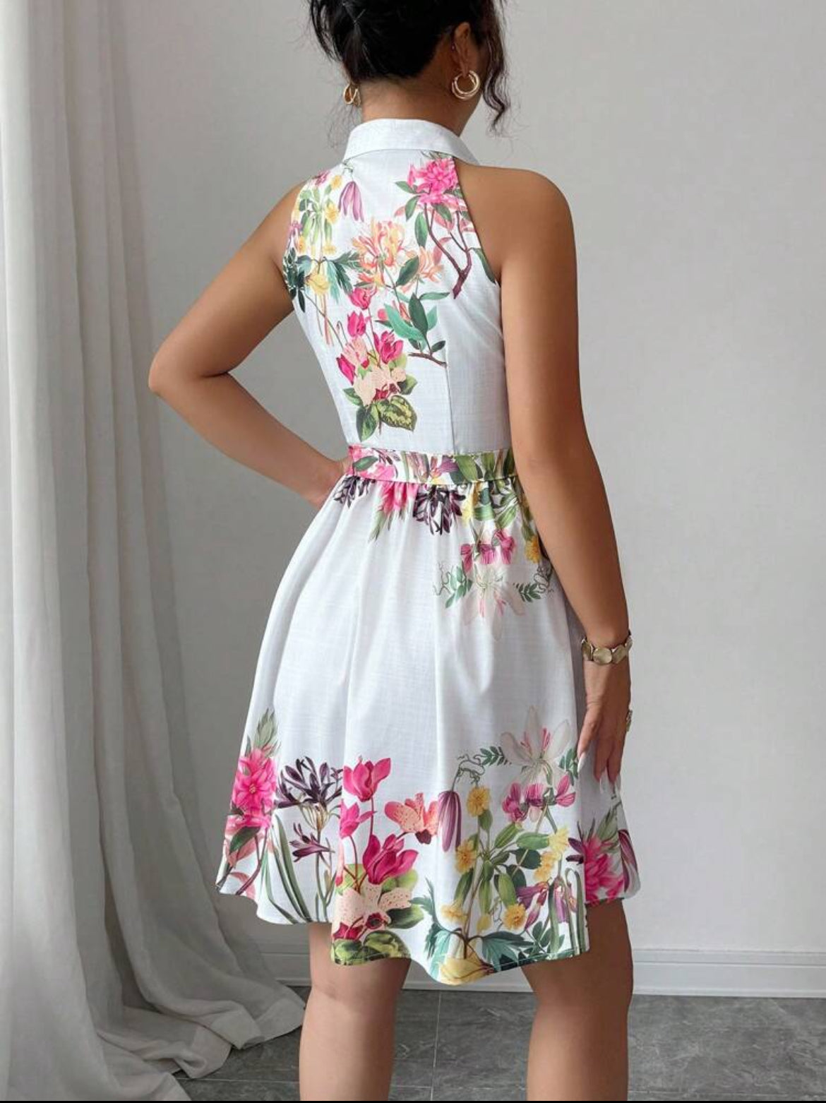 #6611 Elegant Floral Print Halter Neck Dress