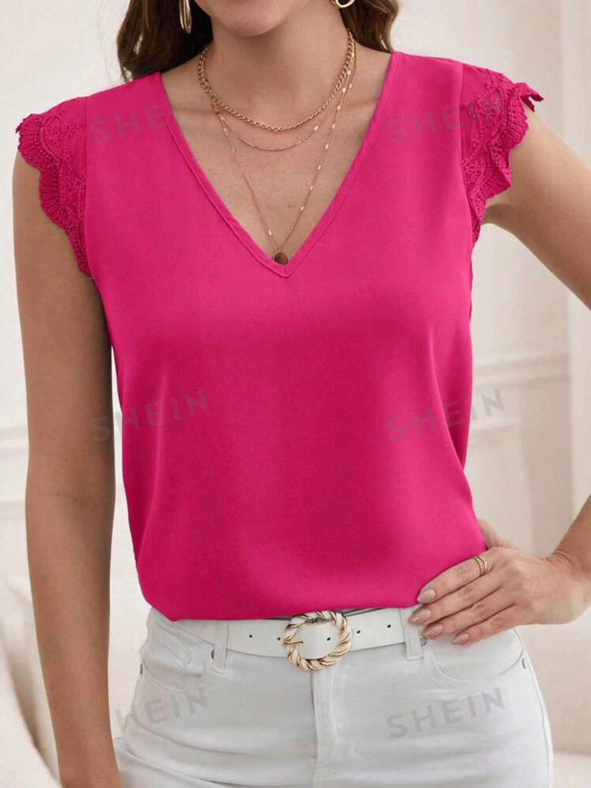 Embroidery Mesh Scallop Trim Solid Blouse
